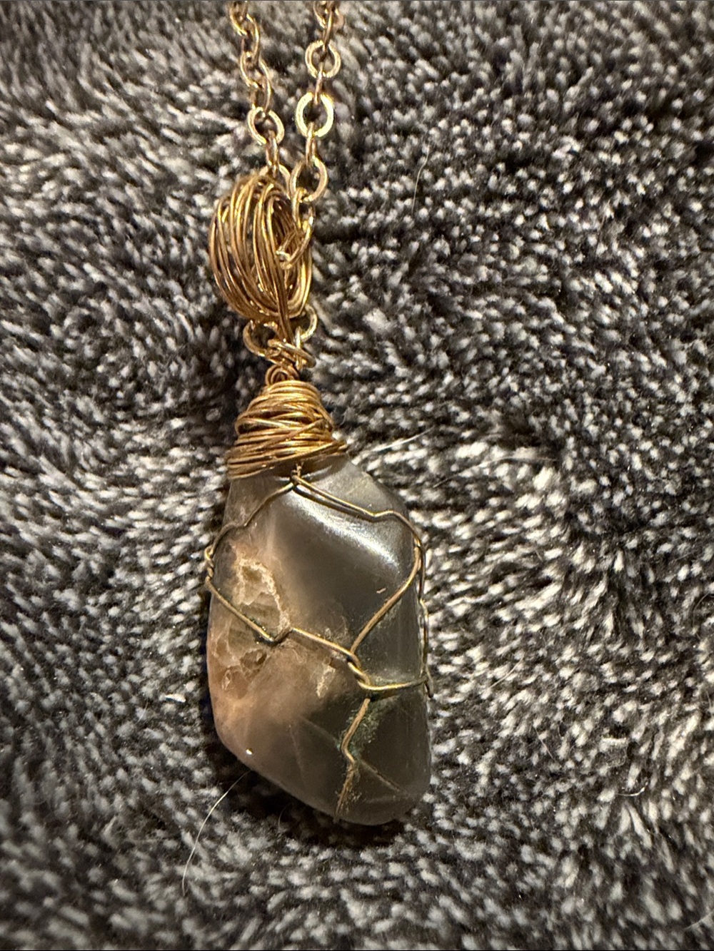 Handcrafted Gray Crystal Pendant Necklace with Gold Wire Wrap